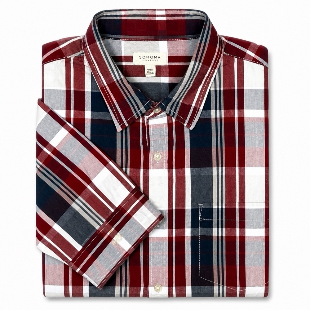 Sonoma Life + Style Men Red Blue Plaid Button Shirt Casual Cotton Big & Tall 2XB